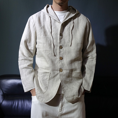 复古中式原创连帽夹克纯亚麻外套男单层休闲宽松上衣春季薄款茶服