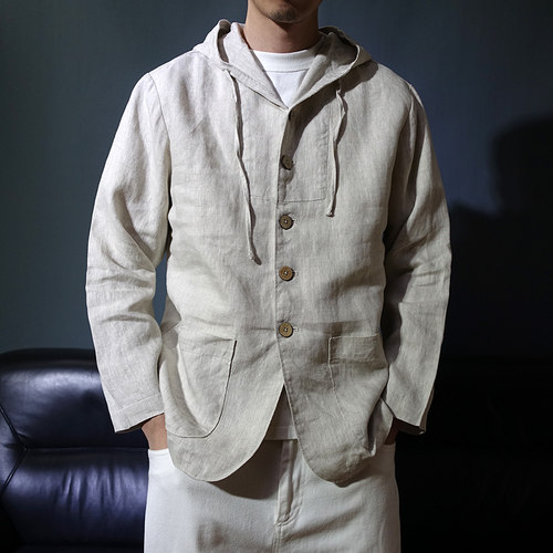复古中式原创连帽夹克纯亚麻外套男单层休闲宽松上衣春季薄款茶服