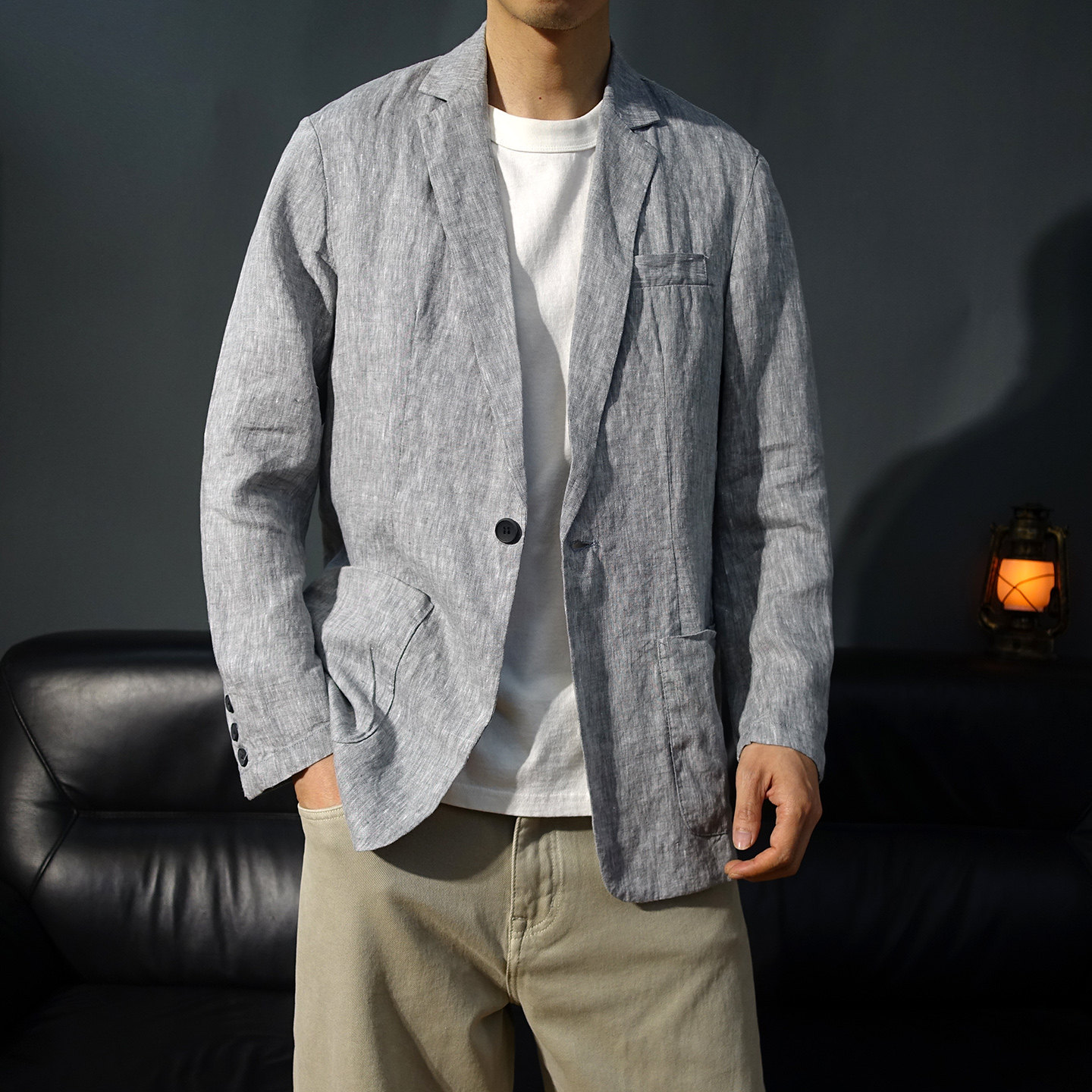 一粒扣纯亚麻老钱风西装外套男春夏薄款休闲宽松西服便服复古单西