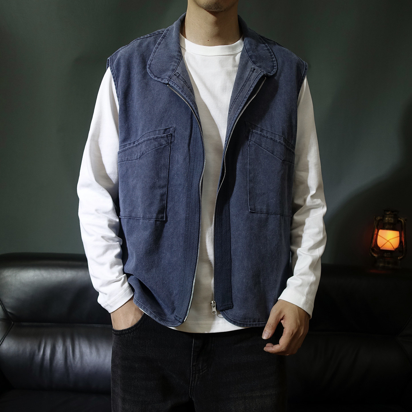 牛仔宽松印花纯棉男式马甲2025新款复古外穿背心坎肩翻领马夹春秋