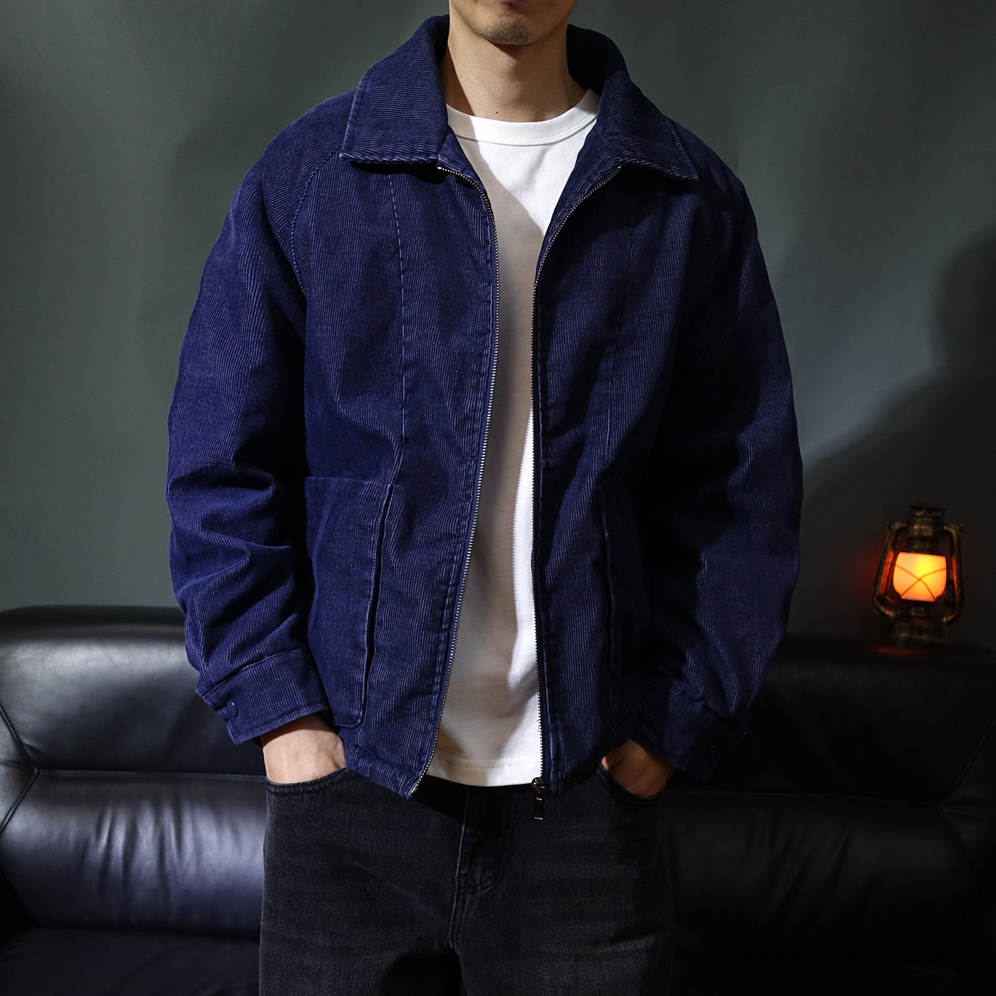 秋冬加厚灯芯绒宽松男士棉服翻领