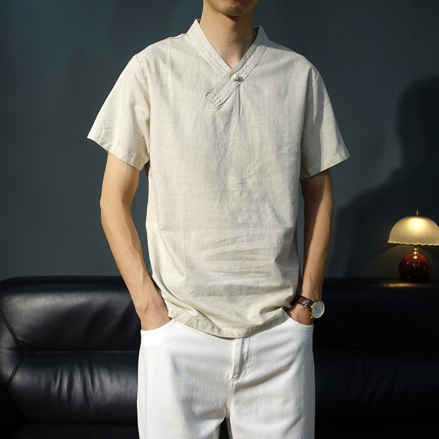 夏季V领中国风棉麻唐装短袖衬衫