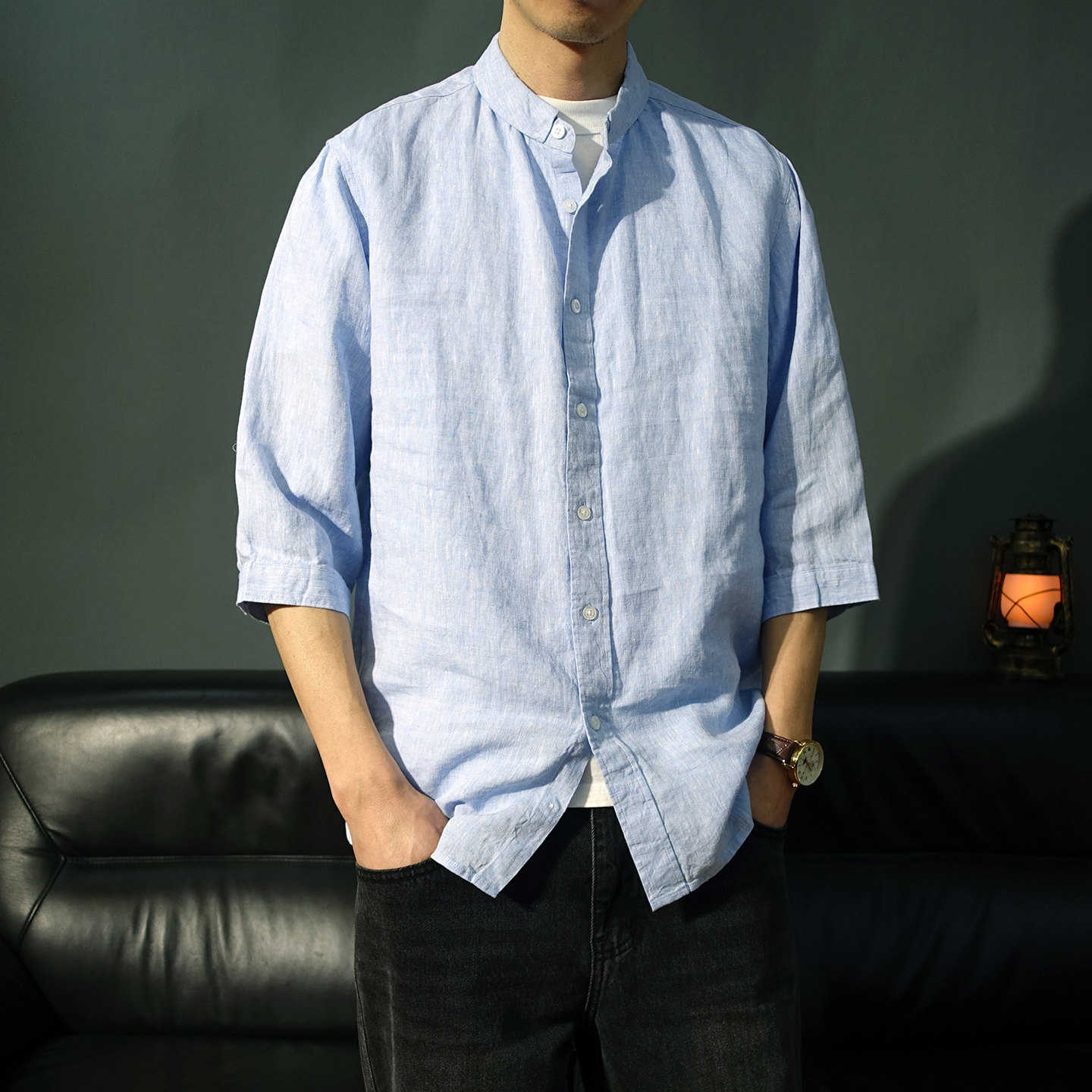 纯亚麻复古七分袖衬衫男士春夏