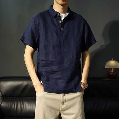夏季套头翻领纯亚麻短袖衬衫男款