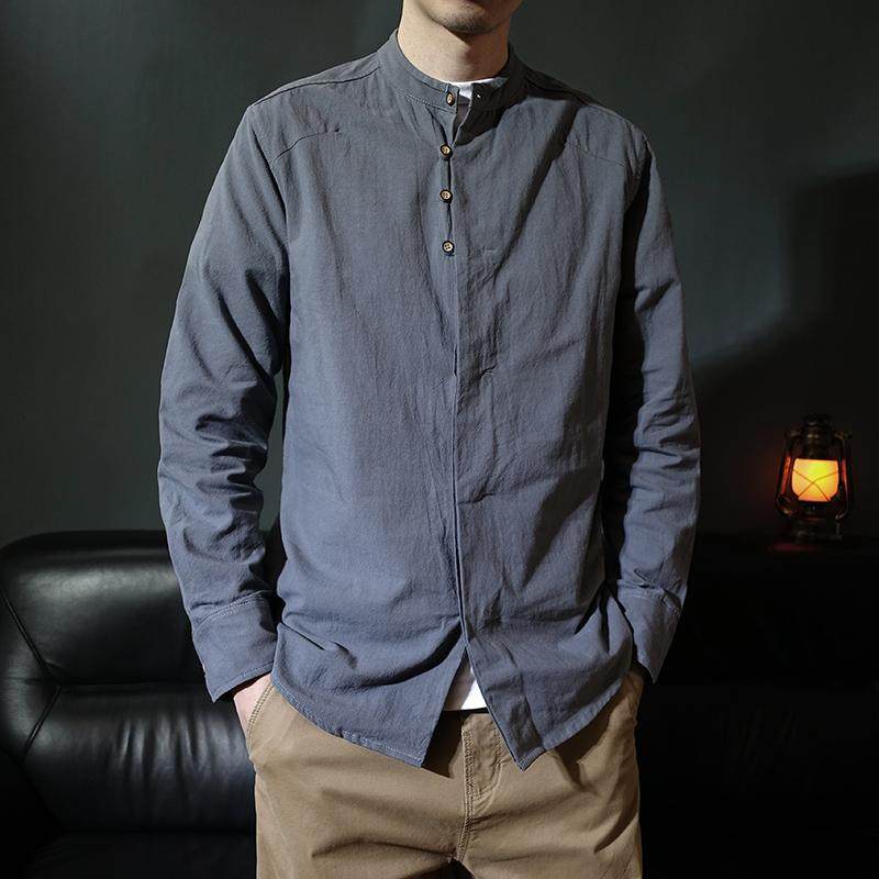 中国风立领暗扣唐装棉麻春秋长袖衬衫男款中山装亚麻茶服大码衬衣