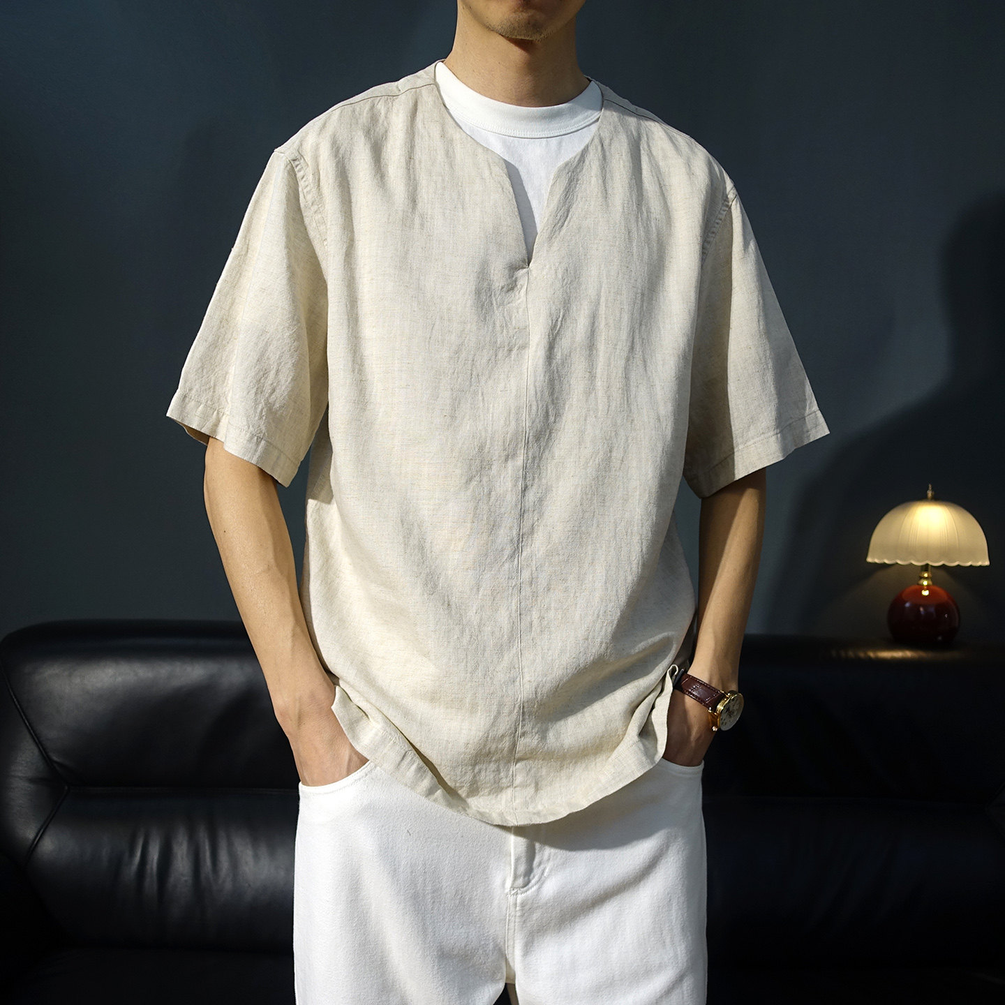 亚麻夏V领套头老钱风五分袖衬衫