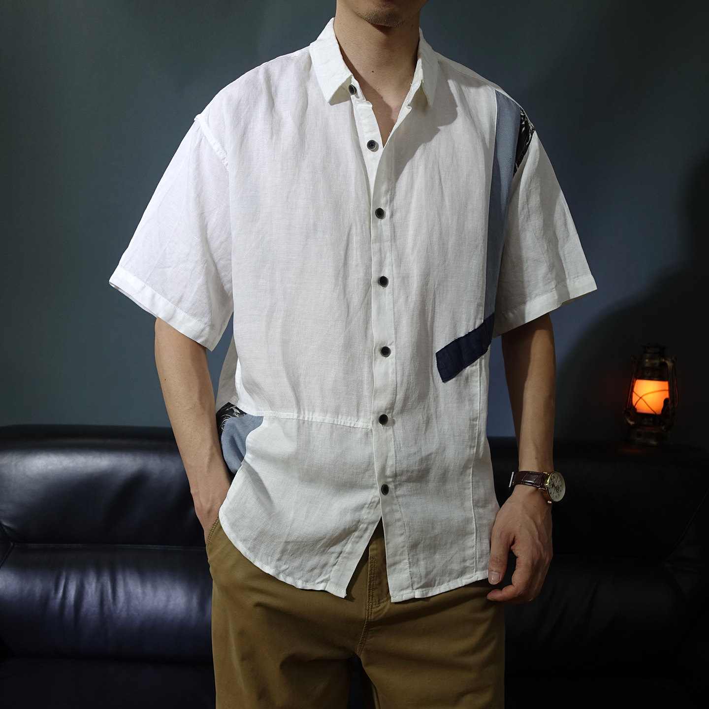 夏季亚麻天丝短袖衬衫拼色翻领宽松休闲五分袖痞帅高级感男装衬衣