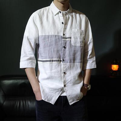 纯亚麻七分袖衬衫翻领拼接