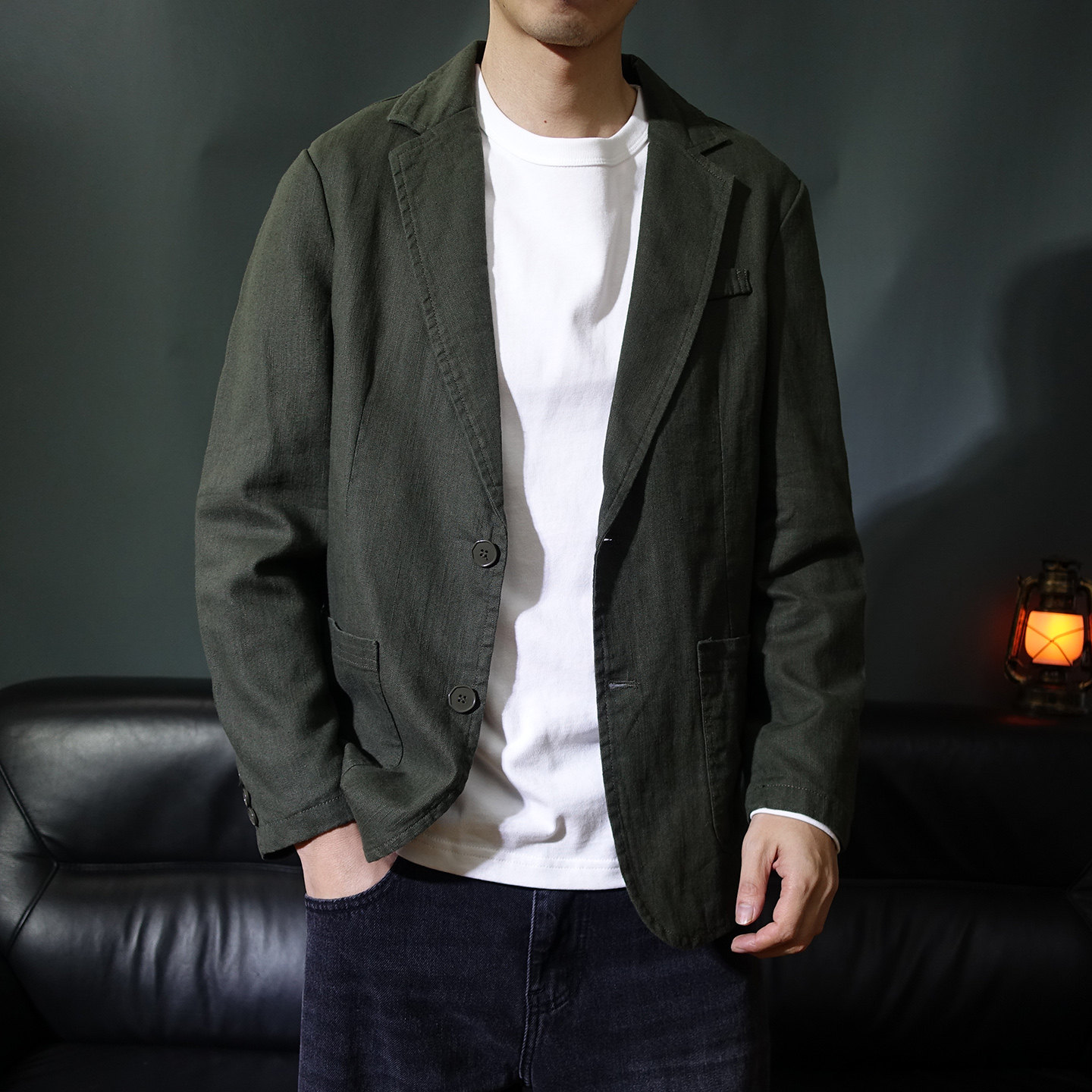 春秋棉麻休闲西服外套男复古亚麻西装单排扣宽松纯色老钱风单西潮