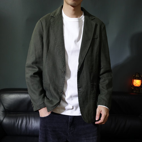 春秋棉麻休闲西服外套男老钱风