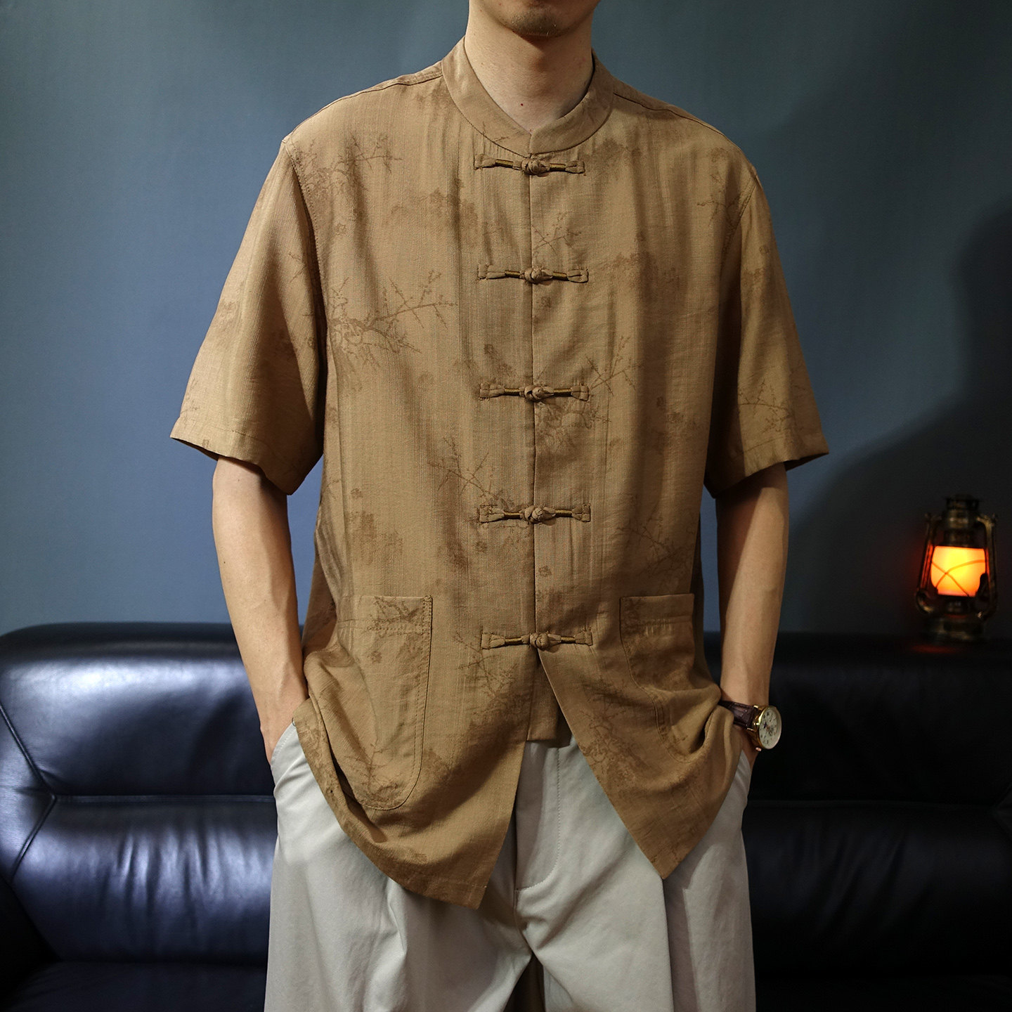 夏季提花短袖唐装衬衫男士立领