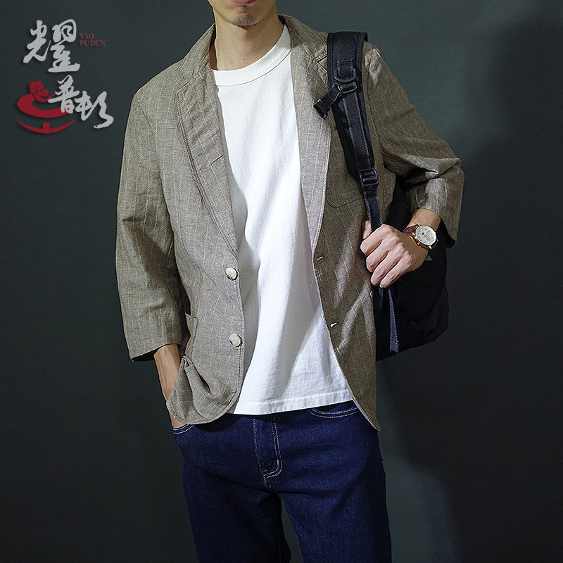 七分袖棉麻条纹休闲春秋薄款小西装复古文艺男士亚麻西服外套单西