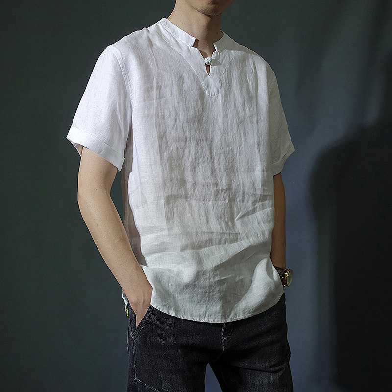 唐装短袖V领盘扣套头中国风夏季
