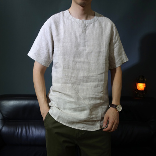 男士2025新款衬衫短袖纯亚麻套头无领中式上衣休闲禅服衬衣夏日薄