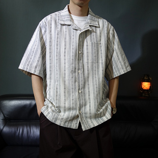 夏季棉麻条纹古巴领五分袖痞帅高级感衬衫男宽松大码亚麻半袖衬衣