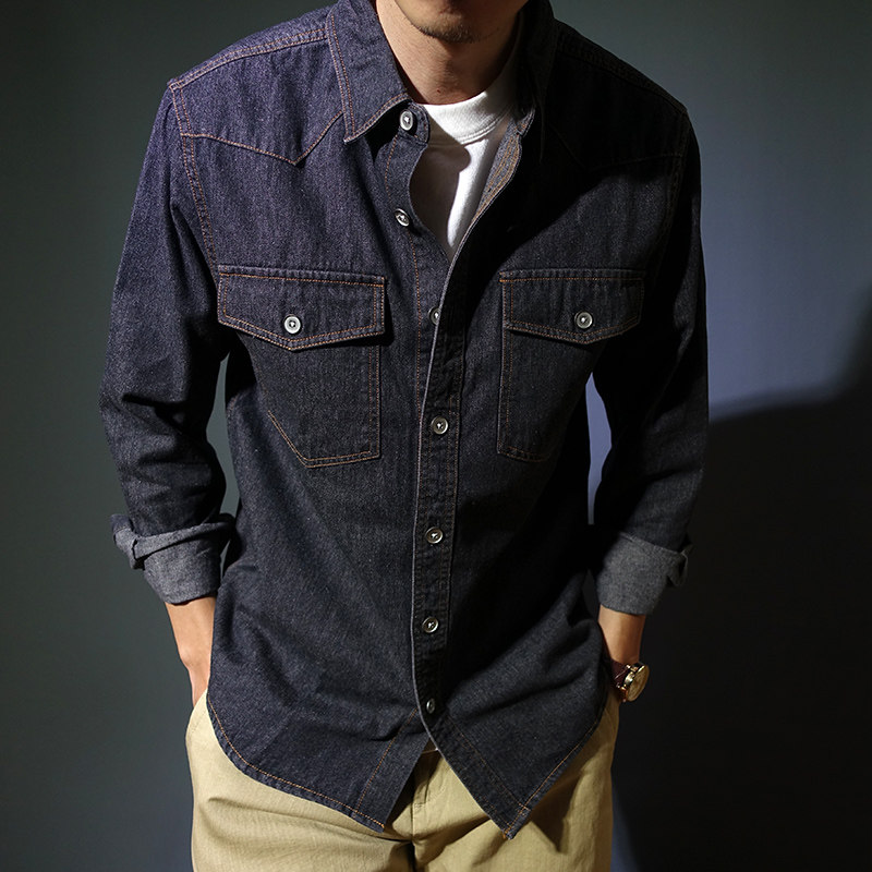 秋季新款水洗牛仔衬衫长袖翻领工装外套休闲男士宽松衬衣外穿上衣
