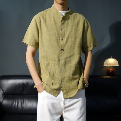 夏季立领棉麻老钱风短袖衬衫男款