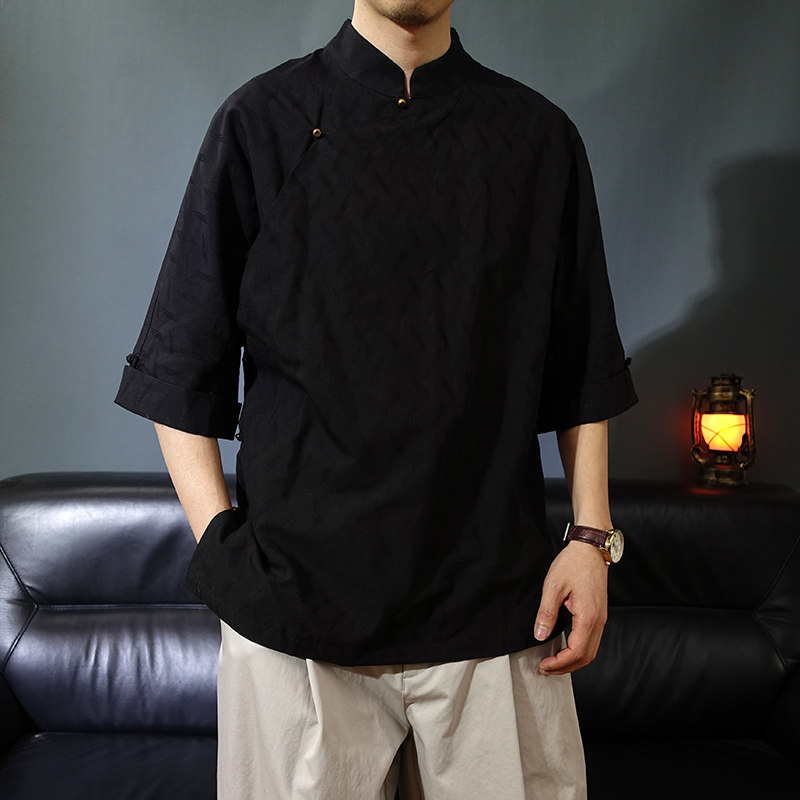 夏季立领斜襟提花五分袖衬衫新中式男款唐装半袖休闲汉服中山装潮
