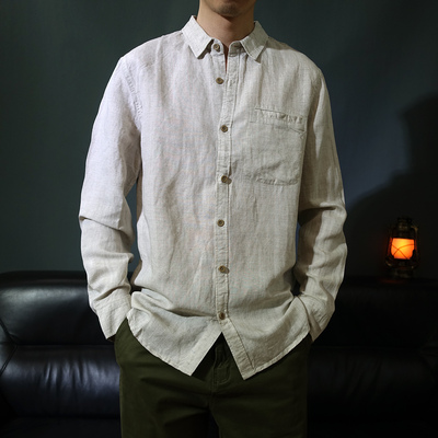 休闲口袋亚麻莱赛尔男士长袖衬衫