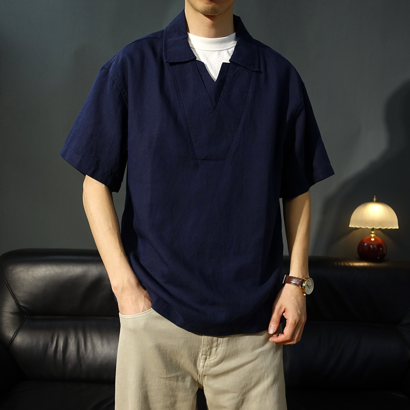 V领老钱风宽松套头中袖亚麻衬衫