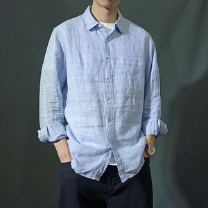 春季纯亚麻色织男士长袖衬衫方领休闲上衣时尚青年衬衣亲肤上衣潮