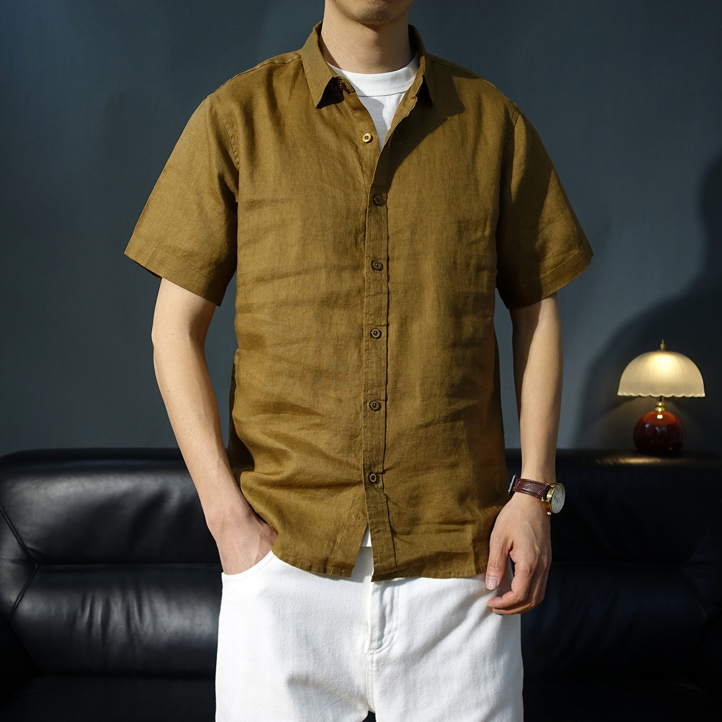 夏季老钱风纯亚麻休闲男士短袖衬衫翻领复古高级感衬衣2026新款潮