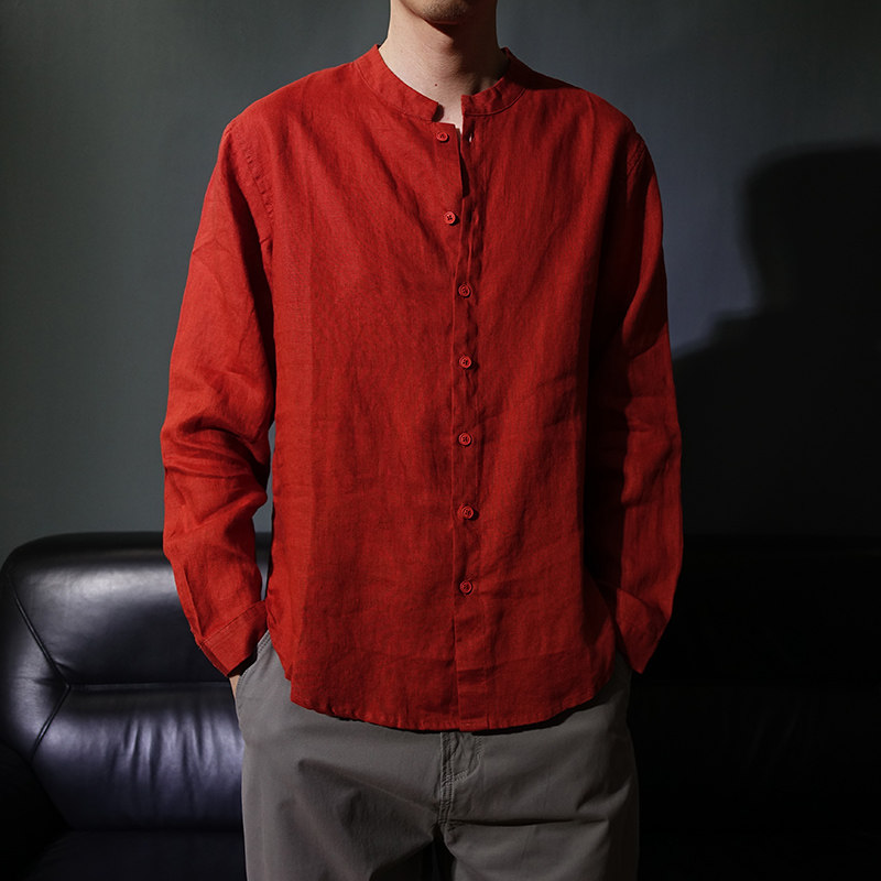 春秋中国风薄款立领文艺纯亚麻长袖衬衫男茶服中山装麻料禅服衬衣