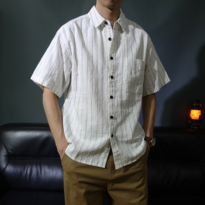 夏季棉麻条纹人夫感衬衫宽松