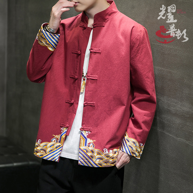 春秋新中式宽松大码夹克外套新年衣服男唐装红色绣花