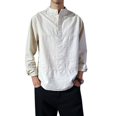 中国风套头长袖衬衫棉麻立领纯色