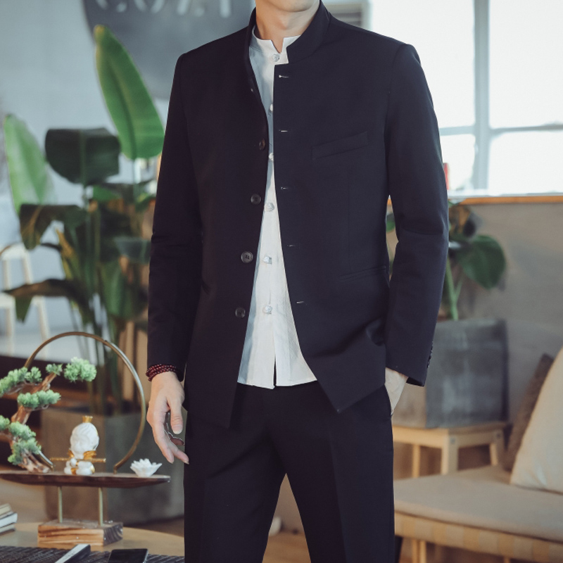 春秋套装男潮流百搭中国风立领修身青年三件套中山装学生民国校服
