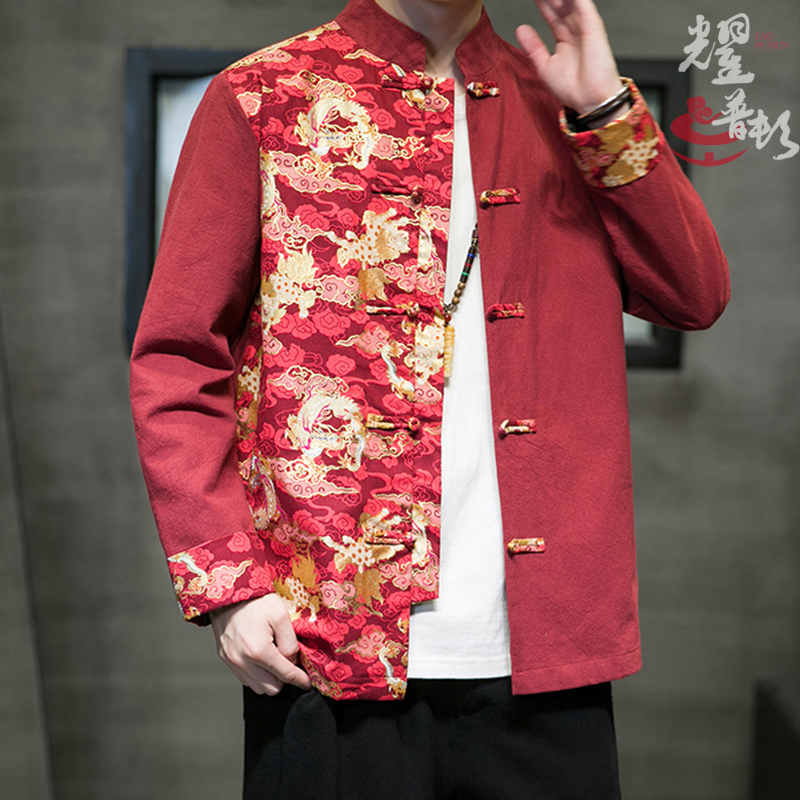 红色过年唐装印花拜年服男款立领盘扣中山装新年衣服汉服夹克外套
