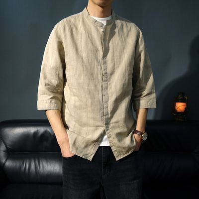 苎麻春夏立领暗扣七分袖衬衫男士