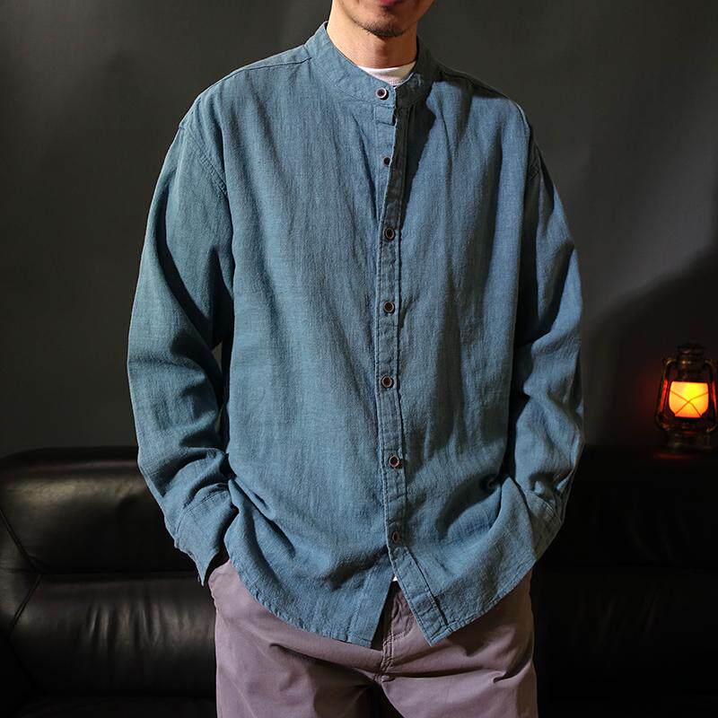 立领中国风宽松大码棉麻男款长袖衬衫春秋中山装禅服衬衣休闲茶服