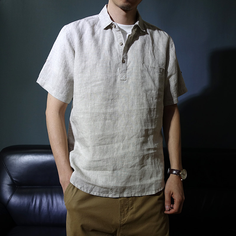 薄款口袋夏季男士休闲亚麻衬衫