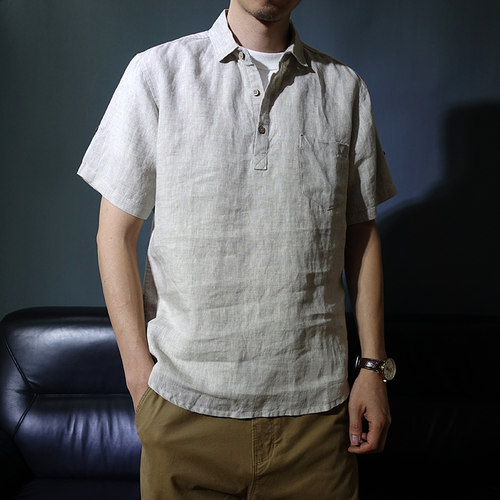 薄款口袋夏季男士休闲亚麻衬衫