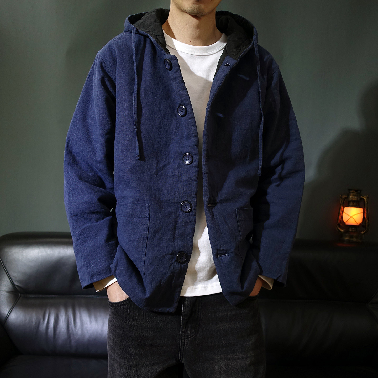 冬季中式连帽苎麻男款棉服宽松