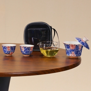 便携式 仿古青花旅行茶具套装 包茶具户外旅行快客杯陶瓷一壶两杯