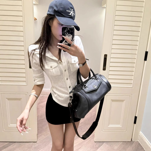 YOLO SHOP 辣妹天菜 针织短袖弹力工装衬衫女白色polo领百搭上衣