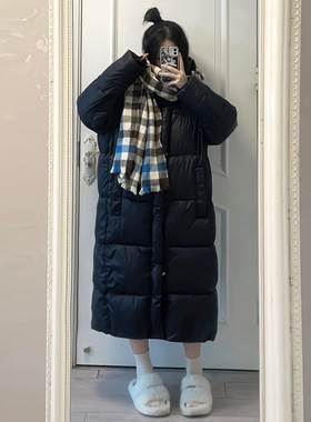 黑色棉服女2025冬季新款韩版连帽宽松过膝加厚保暖长款棉衣外套