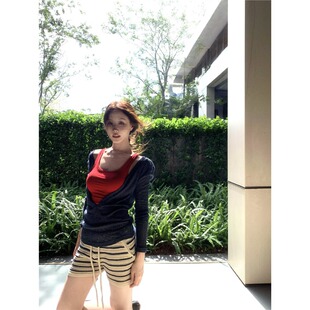 藏青色深v领长袖T恤女秋季新款修身防晒罩衫显瘦辣妹叠穿吊带