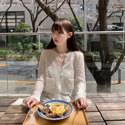 CHICYOU 白色透明亮片小香上衣气质闪闪轻薄透气百搭显瘦短款开衫