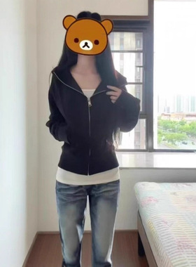 黑色修身外套2025年新款拉链运动外套女美式修身小个子休闲上衣