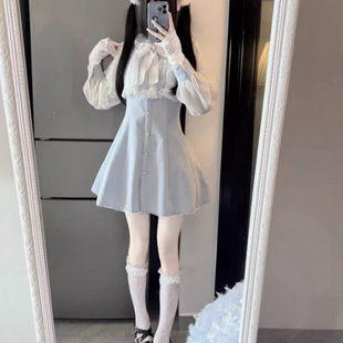 早秋日系甜美少女披肩蕾丝蝴蝶结雪纺长袖连衣裙清新学生短款
