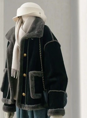 黑色羊羔毛机车服女冬季2025新款设计感拼接加绒加厚皮毛一体