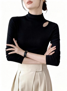 灰色正肩长袖T恤女2024春秋修身显瘦内搭半高领打底衫上衣半高领