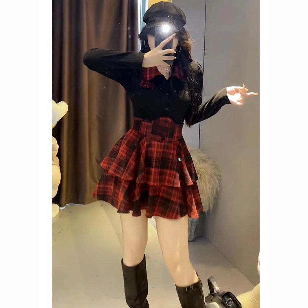 大码微胖纯欲风格子蛋糕裙学院风jk套装女辣妹收腰显瘦衬衫