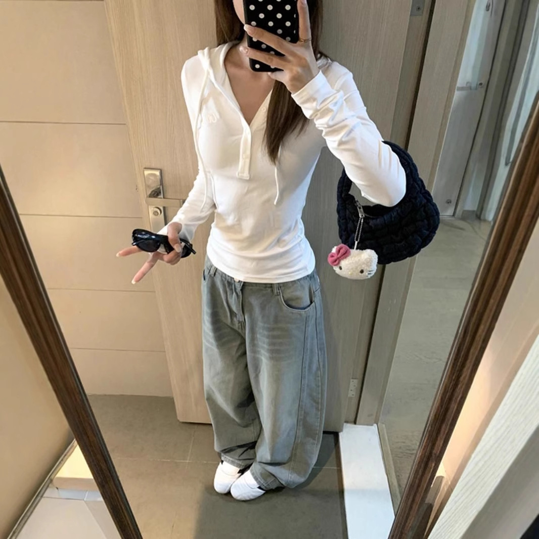 美式辣妹半开v领纽扣连帽正肩长袖T恤女夏季修身显瘦短款上衣