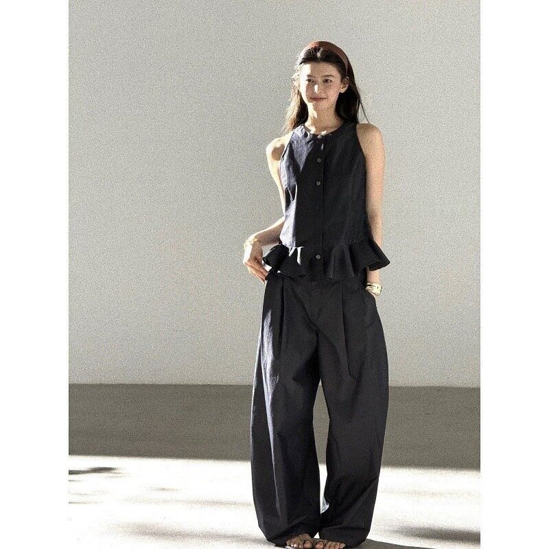 HEYGIRL黑哥 妮味outfit 荷叶边无袖衬衫背心马甲上衣阔腿裤套装