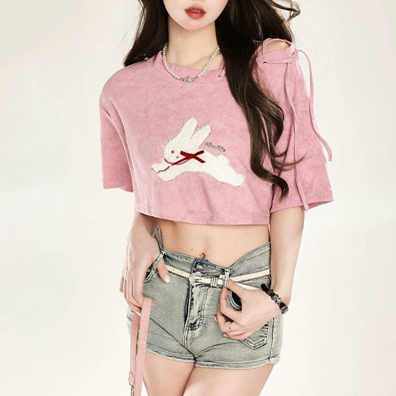 美式刺绣卡通短袖t恤女夏季设计感宽松短款半袖y2k甜辣穿搭小上衣